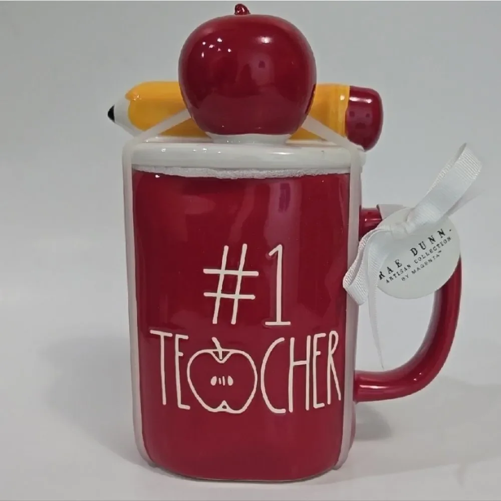 Rae Dunn #1 Teacher Gift Mug Apple Pencil‎ Lid Red Academia Coffee NWT